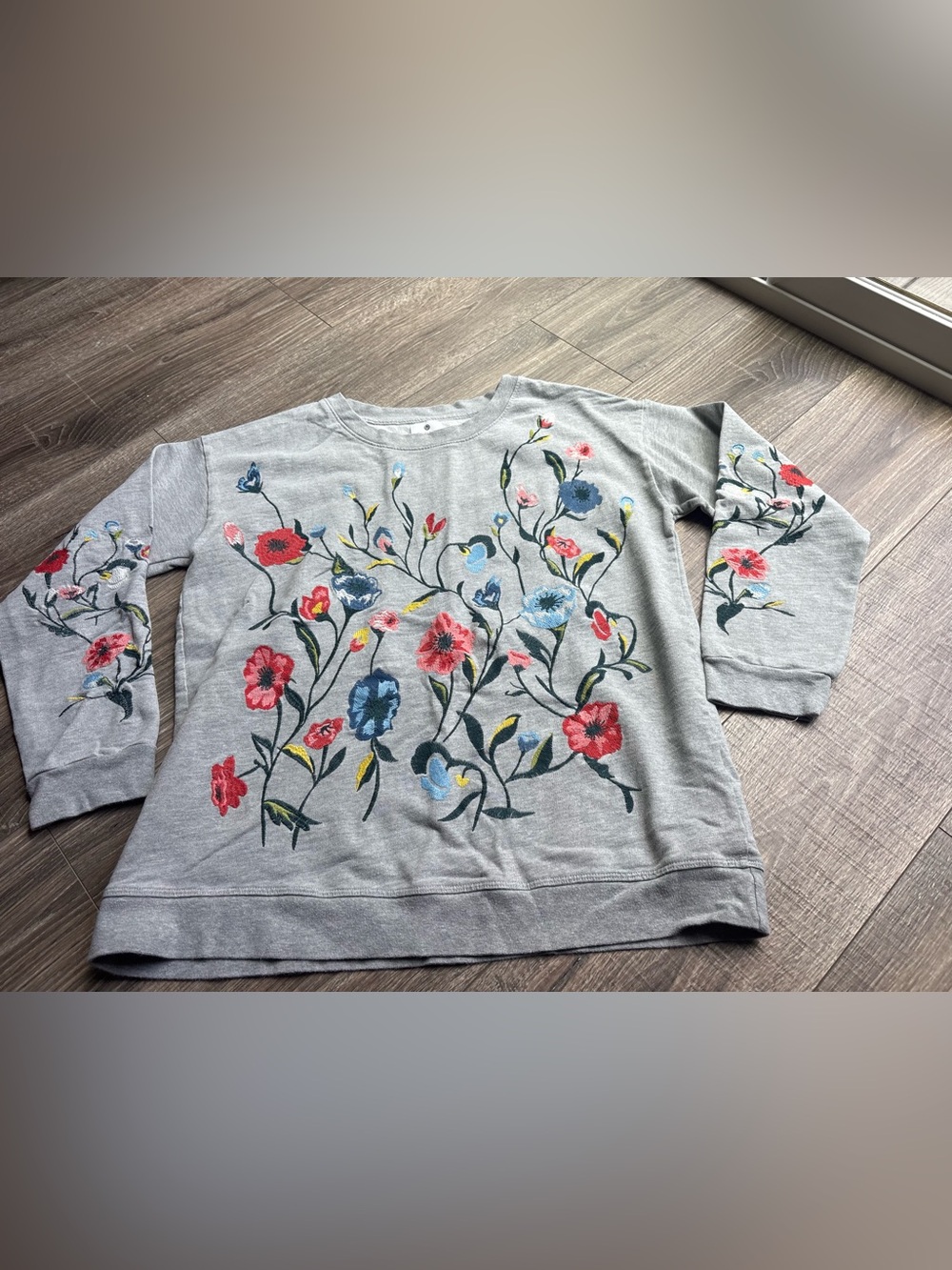 Sundry Gray Sweatshirt with Red & Blue Floral Embroidery